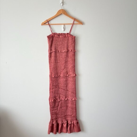 Mable Satin Smocked Fitted Ruffled Midi Dress Mauve Size Small - Picture 11 of 13